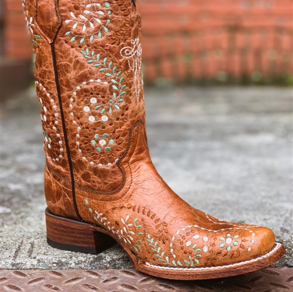 Bronze Embroidery square toe boot